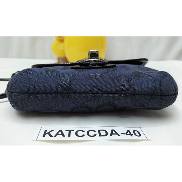 Coach Legacy Signature Blue Canvas Black Leather Trim Flap Wristlet -Coin Wallet - Picture 7 of 12